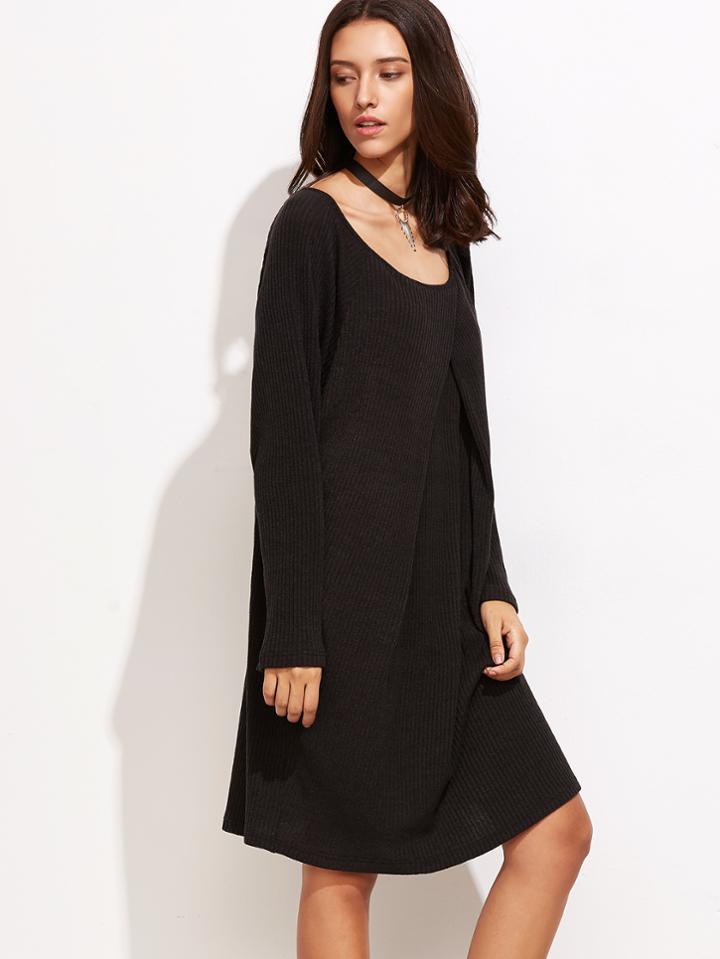 Shein Black Scoop Neck Overlap Front Ribbed Dress