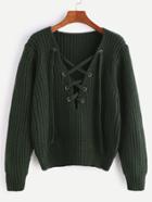 Shein Army Green V Neck Lace Up Chunky Knit Sweater