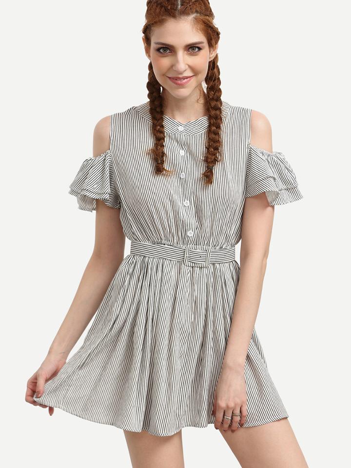 Shein Black Vertical Striped Belted Open Shoulder Dress
