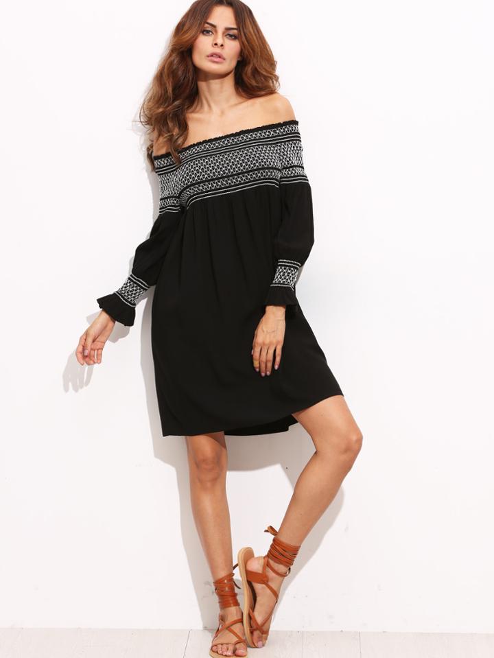 Shein Black And White Embroidered Off The Shoulder Shift Dress