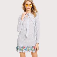 Shein Tie Neck Floral Ruffle Trim Dress