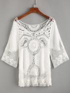 Shein White Boat Neck Crochet Hollow Out Shirt