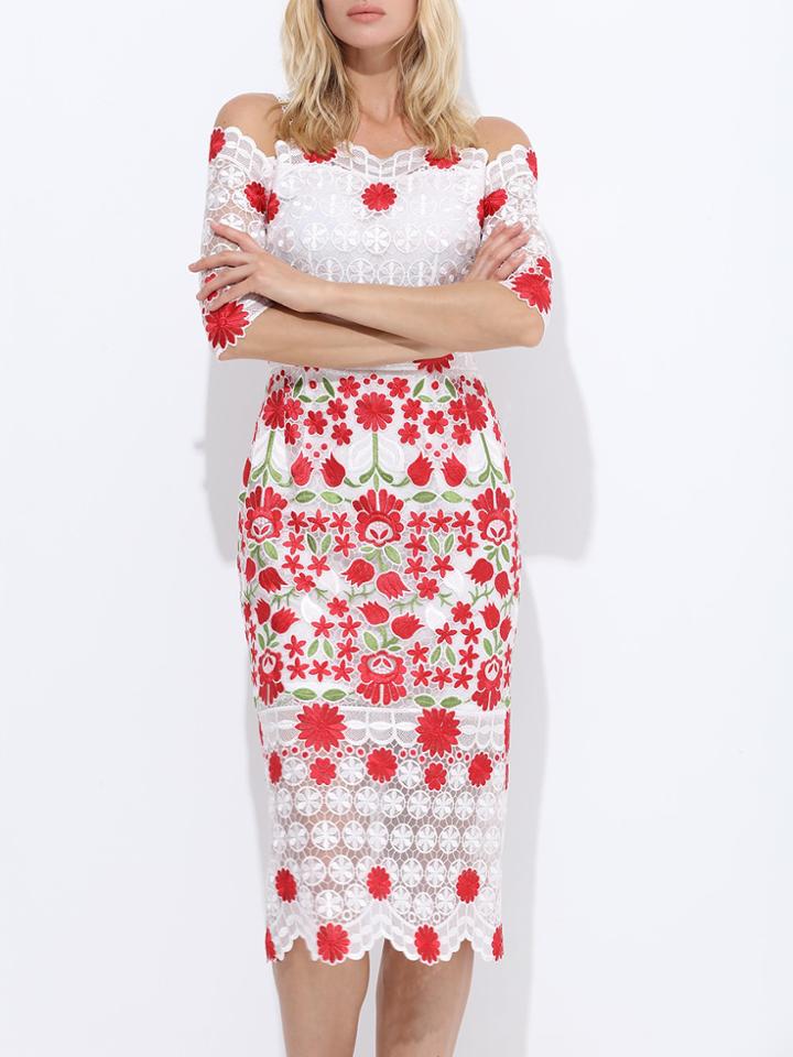 Shein Open Shoulder Flowers Embroidered Crochet Dress