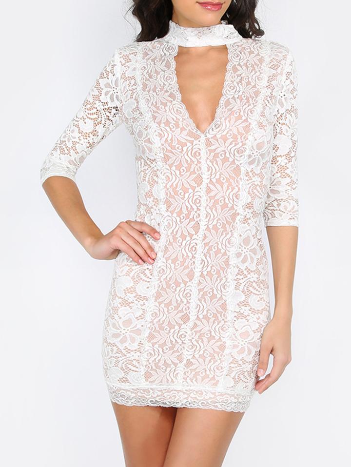 Shein Beige Cut Out Half Sleeve Lace Dress