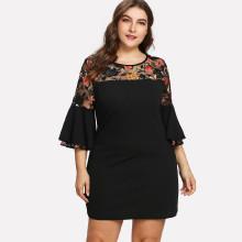 Shein Plus Floral Lace Shoulder Trumpet Sleeve Dress