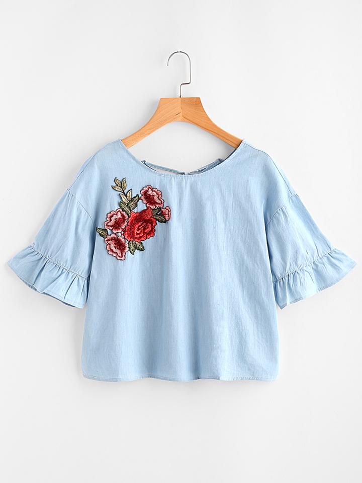 Shein Frill Cuff Lace Up Back Applique Blouse