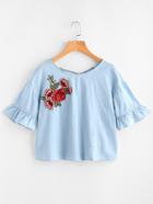 Shein Frill Cuff Lace Up Back Applique Blouse