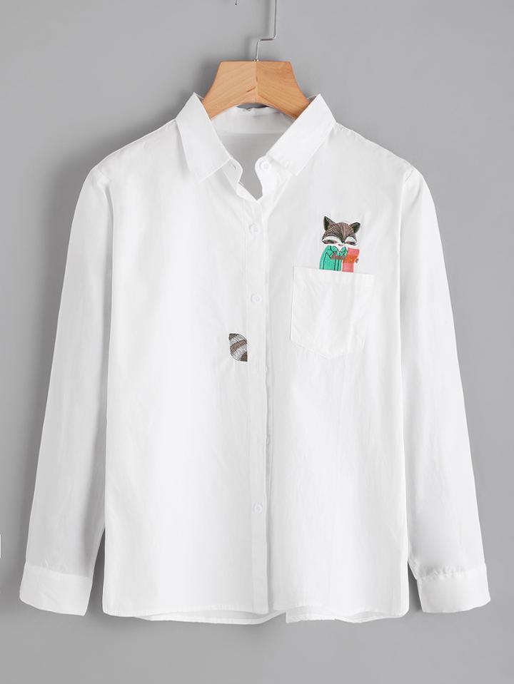 Shein Fox Embroidery Front Pocket Blouse