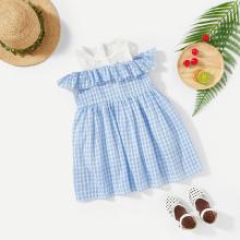 Shein Girls Cold Shoulder Ruffle Plaid Dress