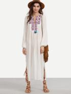 Shein White Embroidered Tassel Long Sleeve Split Dress