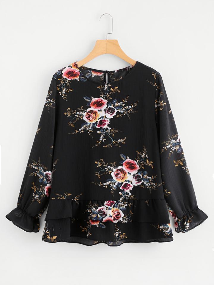 Shein Ruffle Cuff And Hem Floral Top