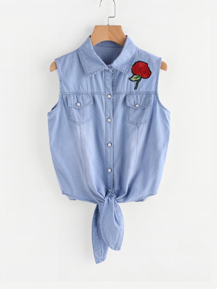 Shein Embroidered Applique Knotted Hem Denim Top