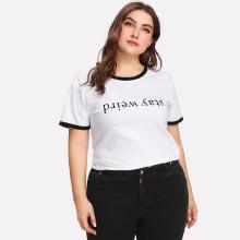 Shein Plus Contrast Trim Slogan Print Tee