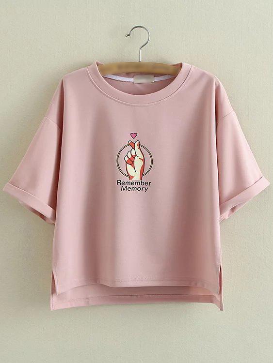 Shein Pink Dip Hem Heart Letters Printed T-shirt