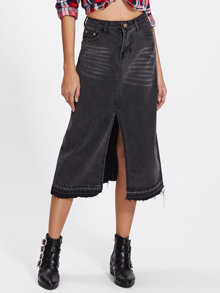 Shein Raw Hem Split Front Denim Skirt