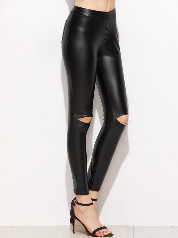 Shein Black Knee Ripped Coated Leggings