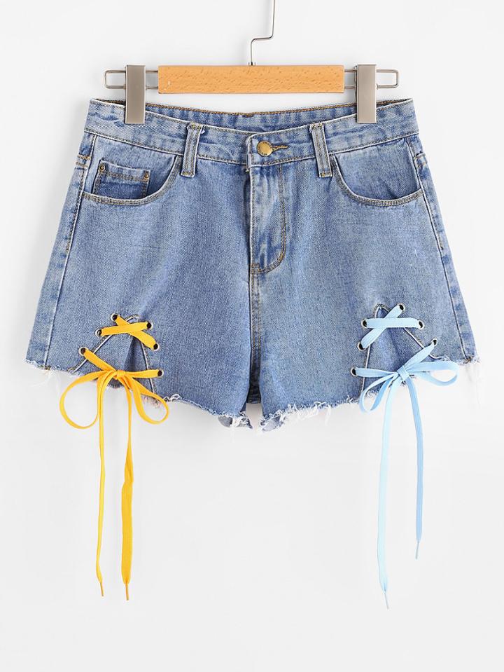 Shein Raw Hem Lace Up Detail Denim Shorts
