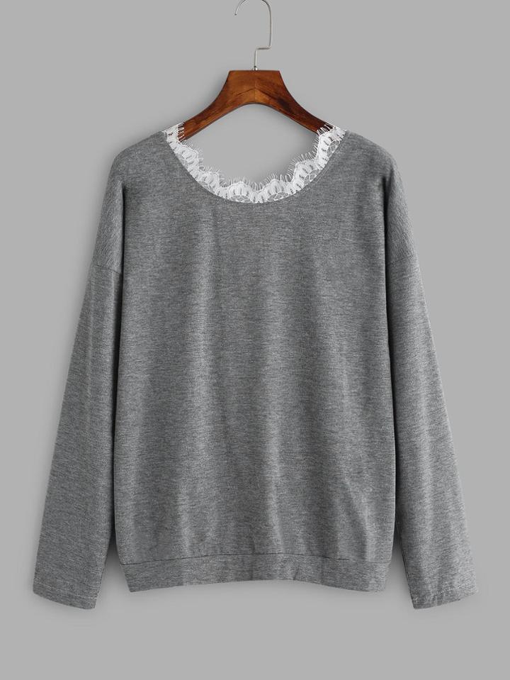 Shein Eyelash Lace Detail Neck Tee