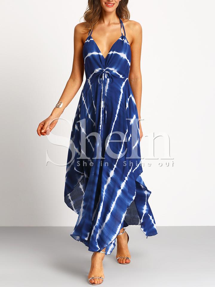 Shein Blue Halter Neck Backless Asymmetric Hem Maxi Dress