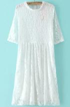 Shein White Stand Collar Lace Pleated Dress