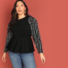 Shein Plus Frill Trim Striped Peplum Top
