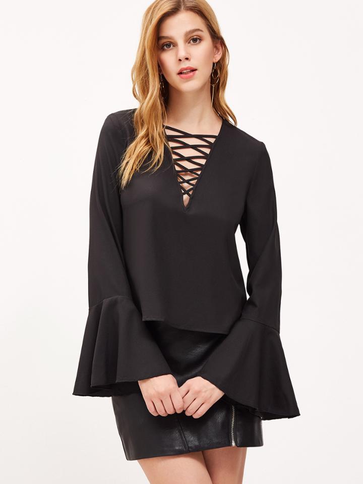 Shein Lattice V Neck Bell Sleeve Top