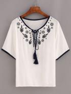 Shein Contrast Trim Embroidered Tassel Tie-neck Top - White