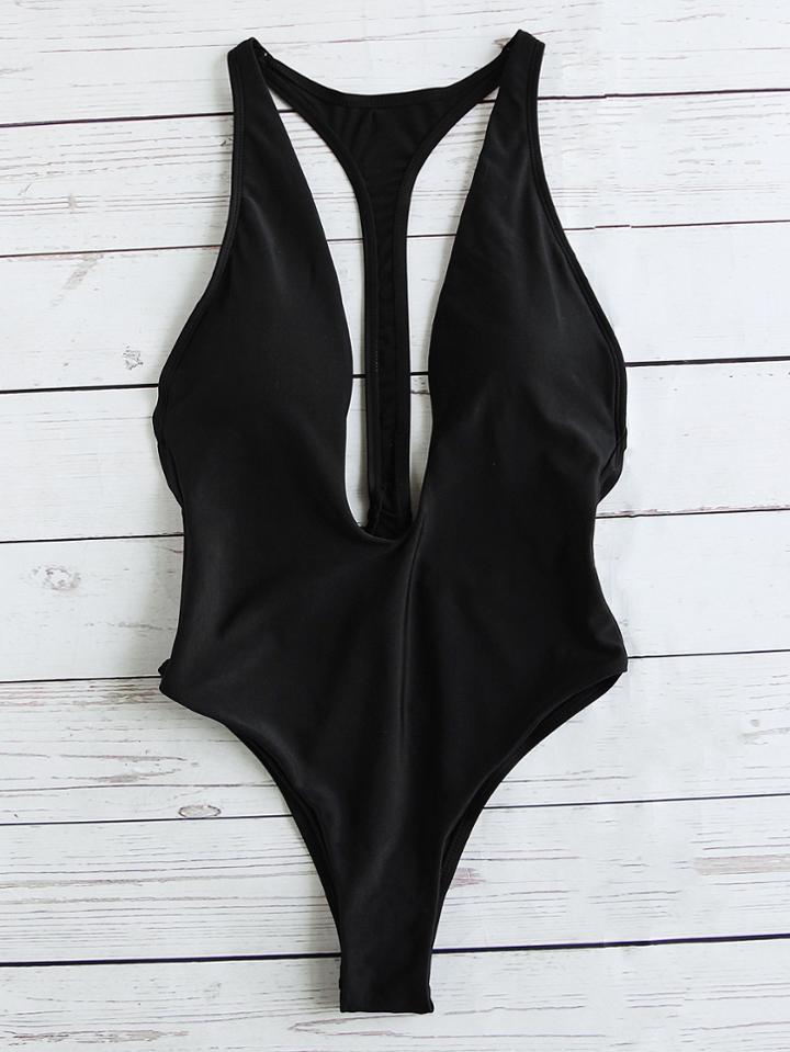 Shein Black Plunge Neck Sexy Monokini