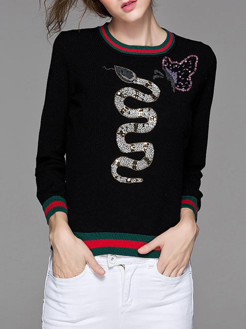 Shein Black Snake Sequined Striped Sweater