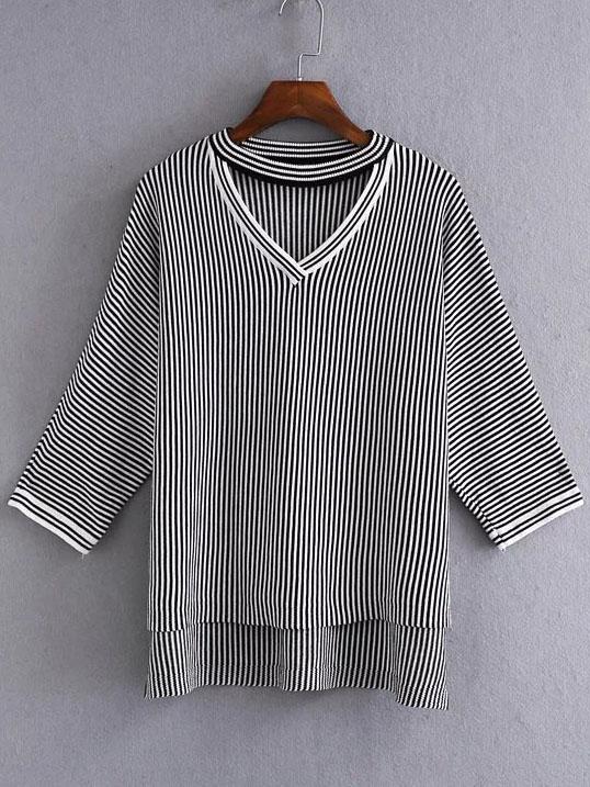 Shein Black Vertical Striped Choker Neck High Low Knitwear