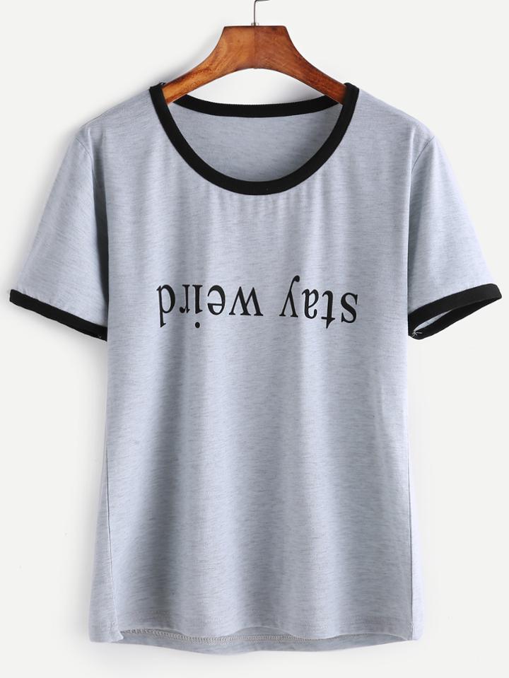 Shein Grey Contrast Trim Letter Print T-shirt