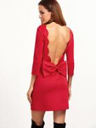 Shein Red Bow Embellished Scallop V Back Sheath Dress