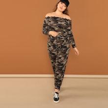Shein Plus Camo Bardot Top & Sweatpants Set
