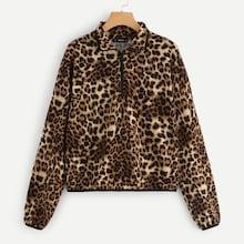 Shein Zip Front Leopard Pint Collar Pullover