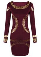 Rosewe Wine Red Sequin Embellished Long Sleeve Sheath Dress