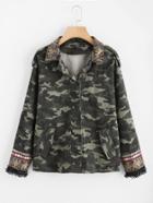 Shein Embroidered Sequin Collar And Cuff Camo Jacket