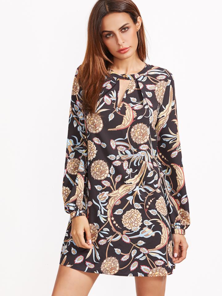 Shein Black Botanical Print Keyhole Pleated Front Tunic Dress