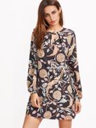 Shein Black Botanical Print Keyhole Pleated Front Tunic Dress