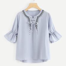 Shein Ruffle Sleeve Lace Up Top