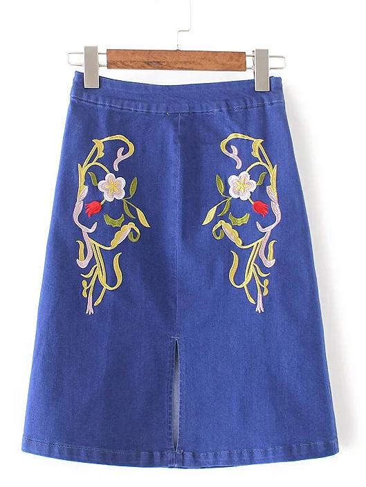 Shein Blue Flower Embroidery Cutout Front Denim Knee Skirt