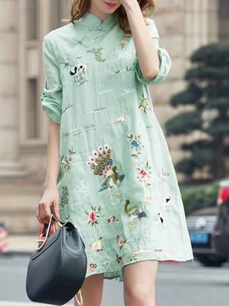 Shein Green Birds Embroidered Shift Dress