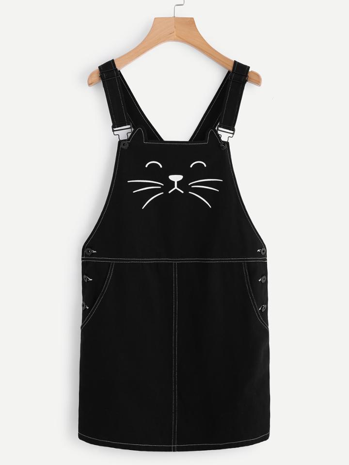 Shein Cat Print Contrast Stitch Overall Dress