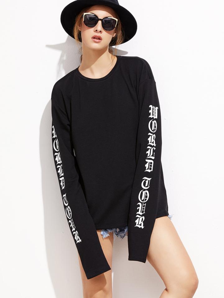 Shein Black Drop Shoulder Letter Print T-shirt