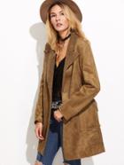 Shein Camel Covered Button Pockets Suede Coat