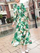 Shein Green V Neck Tie-waist Flowers Print Maxi Dress