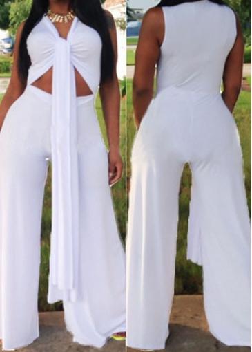 Rosewe V Neck Sleeveless Cutout Waist White Jumpsuit