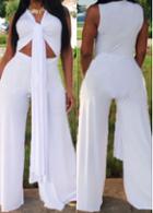 Rosewe V Neck Sleeveless Cutout Waist White Jumpsuit