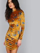Shein Yellow Floral Print Mock Neck Long Sleeve Bodycon Dress