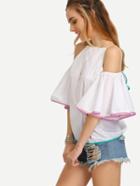 Shein White High Neck Cold Shoulder Bell Sleeve Top