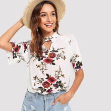 Shein Cut Out Neck Floral Print Blouse